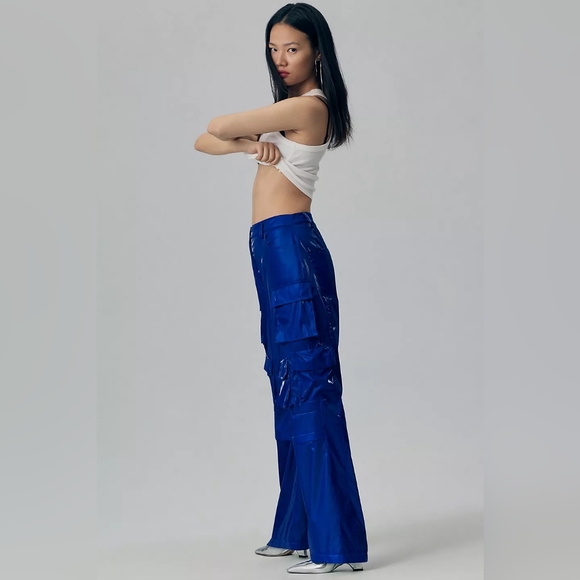 💖💖 NWT Anthro Women's Metallic Colbalt Blue Cargo Pants Size 14 - Picture 6 of 8